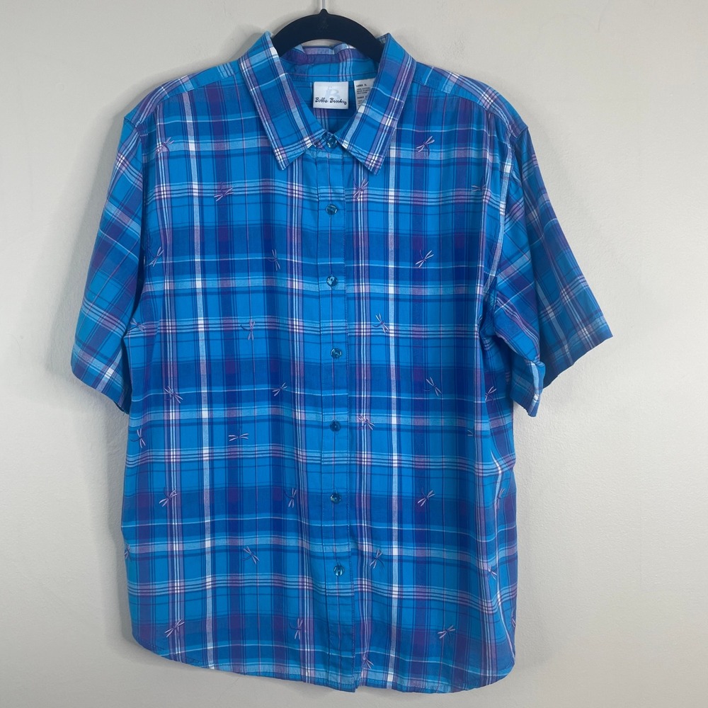 Vintage Plaid Camp Shirt Top Womens XLarge Embroidered Colorful Button Up Hiking